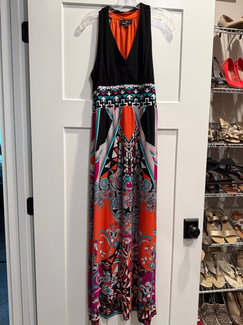 Ronni Nicole Black Bodice Orange White & Teal Geometric Paisley Print Maxi Dress